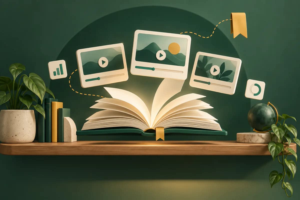 Ilustração de uma jornada de aprendizagem com livros e aulas digitais